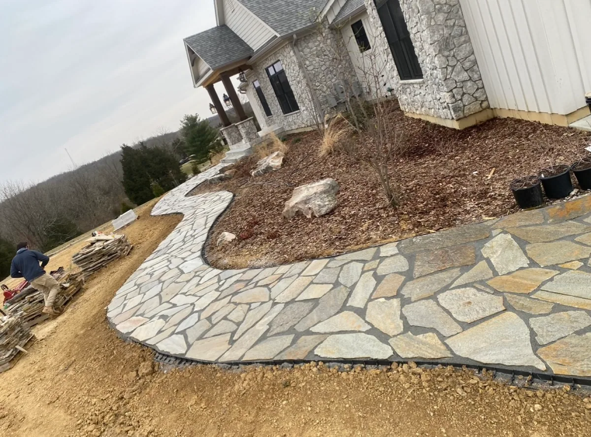 Estate flagstone walkway completed by Queen City Hardscapes
